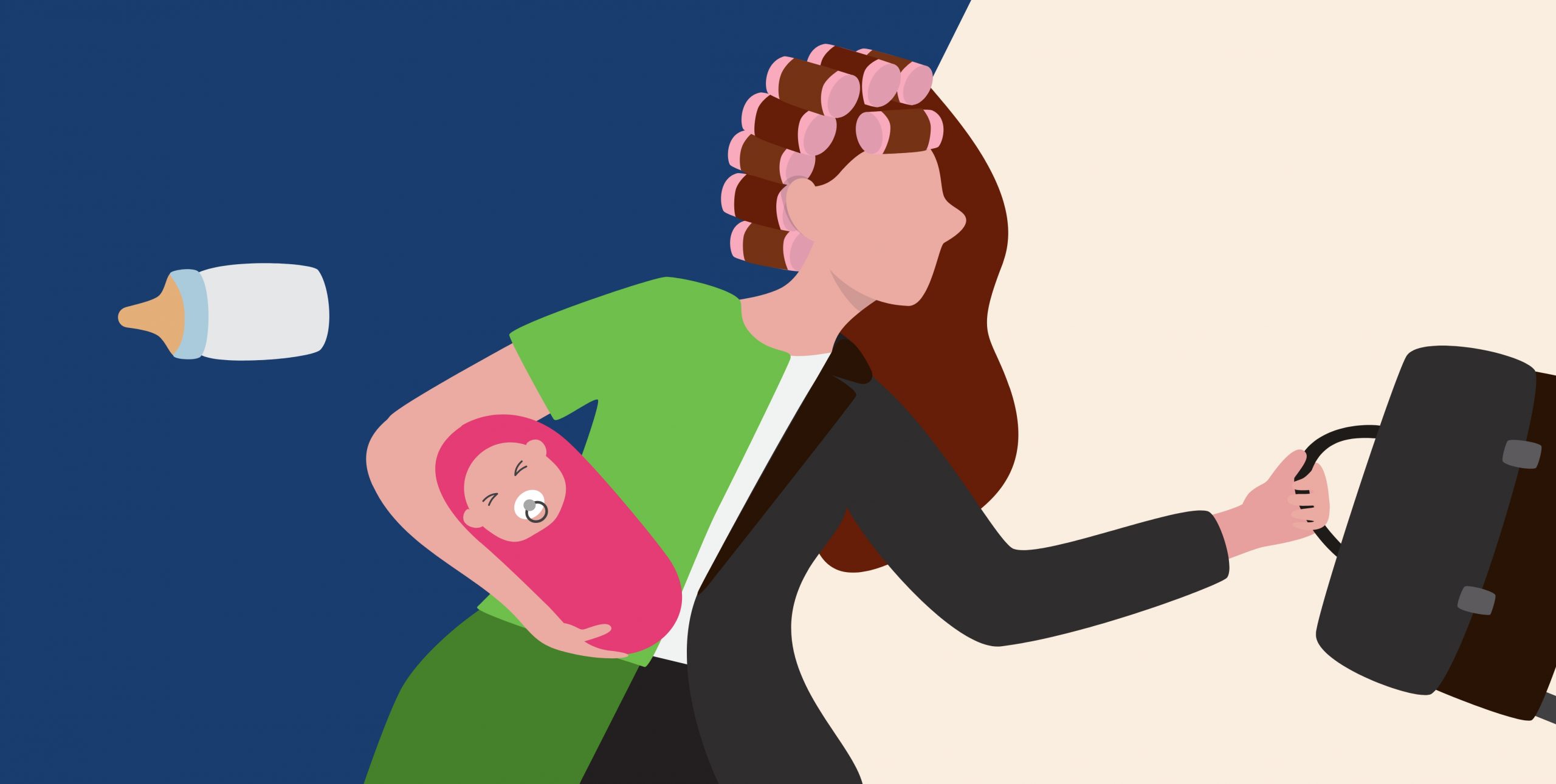 woman holding a baby and briefcase