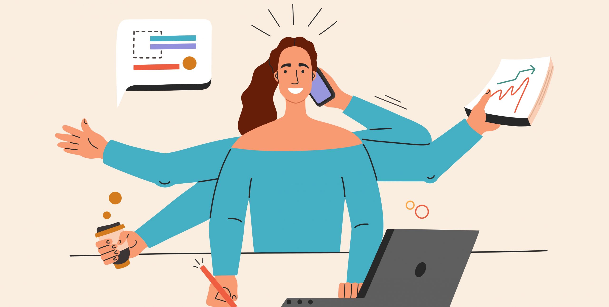 cartoon woman juggling tasks