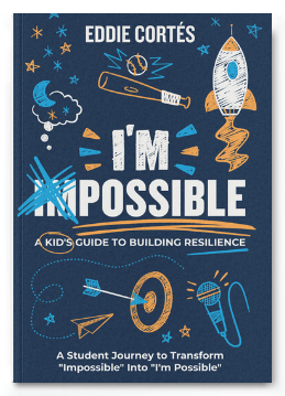 IM.POSSIBLE Book by Author and Motivational Youth Speaker Eddie Cortes at a School Assembly Program with and student